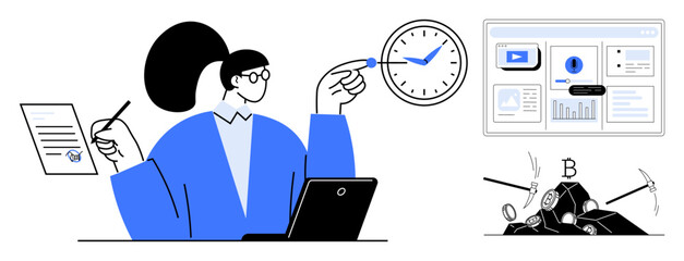 Woman balancing time management, document review, and cryptocurrency mining with a focus on data analysis. Ideal for productivity, technology, cryptocurrency, blockchain, analytics, multitasking