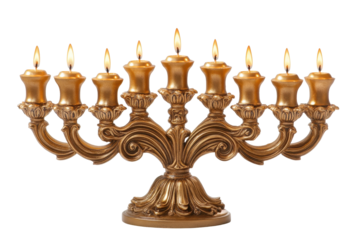 Menorah with nine lighted candles in a rainbow of colors for Hanukkah celebration