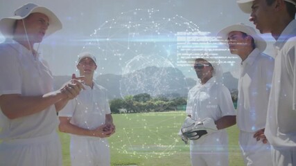Cricket captain stepping forward raising ball while hologram streaming data guiding team briefing - Powered by Adobe