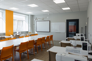 Modern sewing classroom showcasing bright design and ample space for creativity and learning