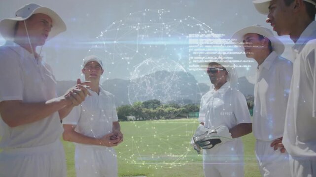 Cricket captain stepping forward raising ball while hologram streaming data guiding team briefing - Powered by Adobe