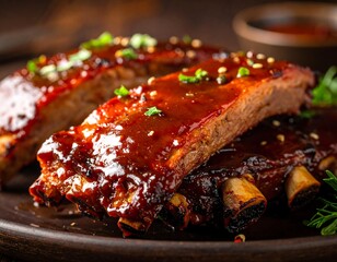 Close-up of BBQ ribs, glazed and stacked on a dark plate