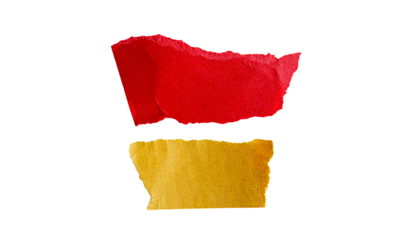 Fragmentos de papel rasgado en rojo y amarillo sobre fondo negro minimalista