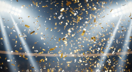  Golden and silver confetti falling under stadium lights at night, celebration atmosphere.