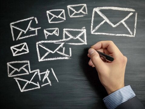 Chalk drawings of envelopes on a chalkboard with a hand holding a marker in a creative workspace