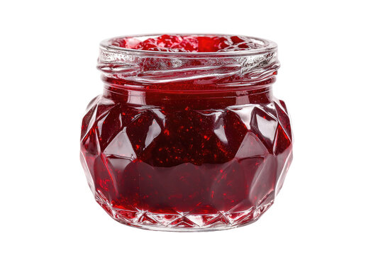 A small, round glass jar filled with vibrant red jam.  The jar has a textured, faceted surface, and a clear lid
