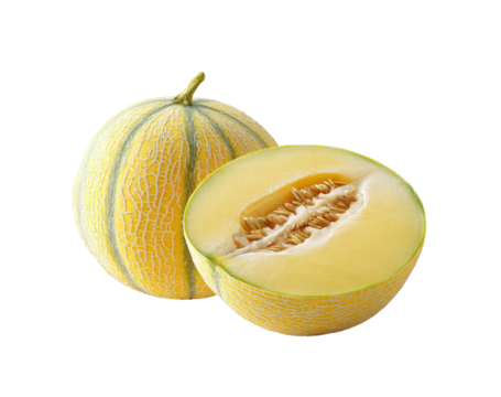 Two cantaloupe halves, one whole, pale yellow flesh, striped rind