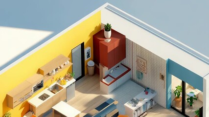 Modern apartment interior design with open plan living space featuring kitchen and dining area