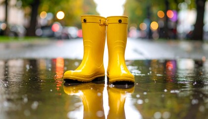 Yellow rain boots in a puddle on a city street