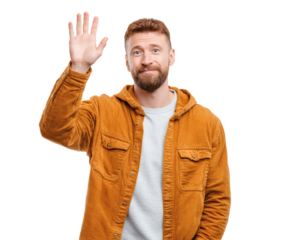 A smiling man with red hair waves hello, wearing an orange jacket.