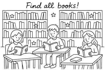 Simple line drawing of a library with bookshelves and children reading including hidden books for kids puzzle. © Nenana