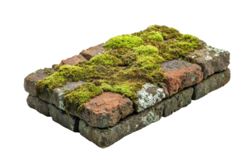 Stone block wall covered in bright green moss, isolated on white background for easy use