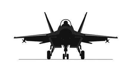 Silhouette of a modern stealth fighter jet aircraft viewed from the front on a stark white background with landing gear down