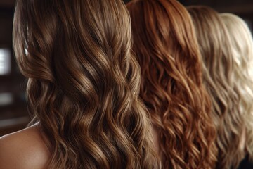 Naklejka premium Close-up of diverse wavy hair showcasing shades of brunette, red, and blonde, perfect for haircare and beauty concepts.