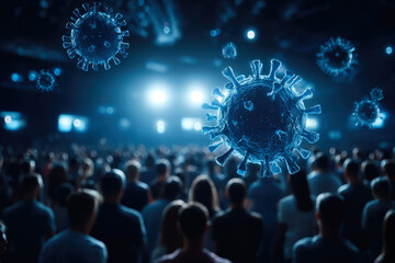 Coronavirus particles hover above a diverse crowd, illustrating pandemic spread and invisible threats in a public setting.