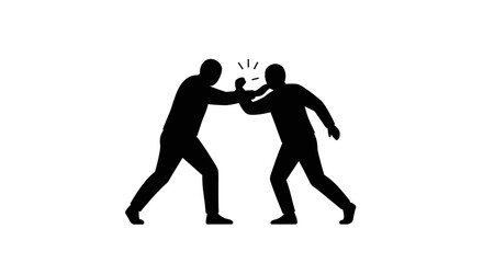 Silhouettes of two men engaged in a physical fight with fists raised in a dynamic motion against a white background