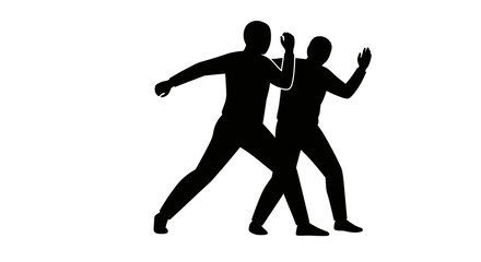 Silhouettes of two people practicing martial arts or combat sports with dynamic poses and movement against a white background