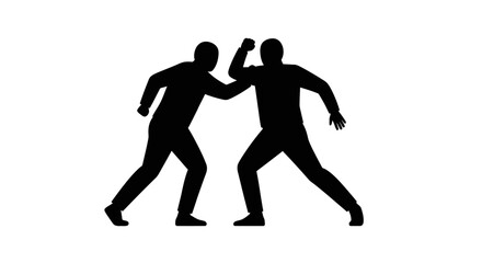 Silhouettes of two men engaged in a physical confrontation or fight depicted in a dynamic black and white illustration