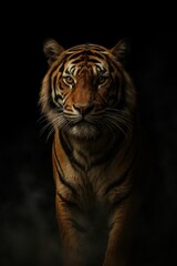 Fototapeta premium Majestic Bengal tiger emerging from morning mist in dramatic black studio lighting for wildlife conservation