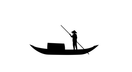 Silhouette of a lone person wearing a conical hat rowing a traditional boat across a calm body of water