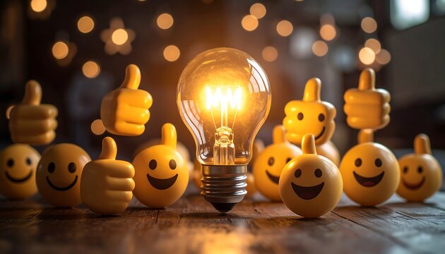 A glowing lightbulb surrounded by thumbs up and smiley faces on a wooden surface, evoking creativity and positive feedback