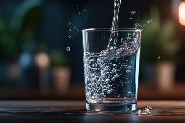 A clear glass of water with dynamic mid-air splashes, highlighting transparency and motion. Commercial uses: hydration, purity, and refreshment concepts.