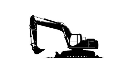Black silhouette of a heavy duty excavator with a large bucket and tracks isolated on a clean white background for construction and industry concepts isolated on white background