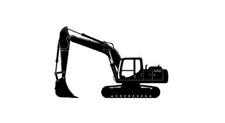 Black silhouette of a heavy duty excavator with a large bucket and tracks isolated on a clean white background for construction and industry concepts isolated on white background