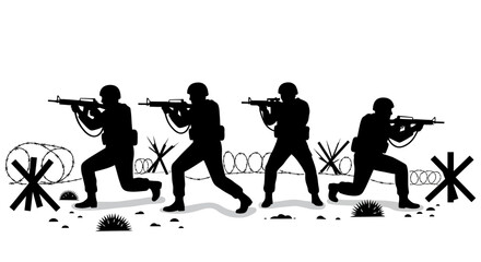 Obraz premium Silhouette of soldiers in uniform holding rifles and advancing through barbed wire obstacles isolated on white background