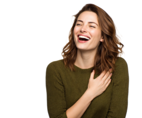Joyful woman bursts into laughter, expressing genuine happiness with a radiant smile.