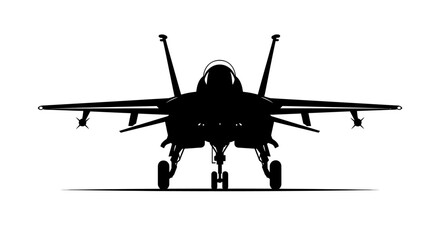 Front view silhouette of a modern fighter jet aircraft with landing gear deployed isolated on white background
