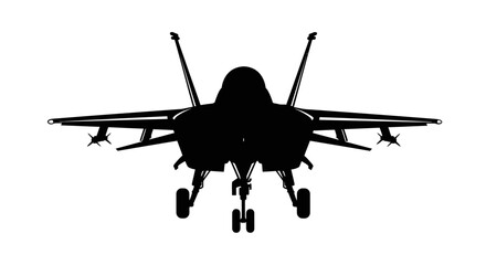 Front view silhouette of a modern fighter jet aircraft with landing gear deployed isolated on white background
