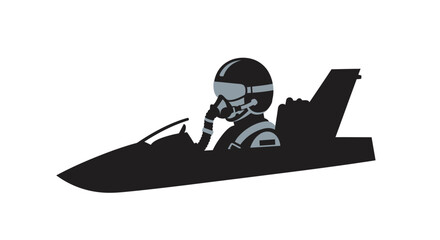 Stylized silhouette of a fighter jet with a pilot in the cockpit flying at high speed isolated on white background © ARSM D