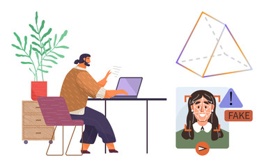 Woman works at table with laptop, analyzing data. Nearby, deepfake alert and geometrical pyramid. Ideal for technology, deepfake, AI, fraud prevention, e-learning mathematics simple flat metaphor