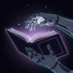 Robotic Hands Holding an Open Glowing Magic Book in Deep Space Illustration