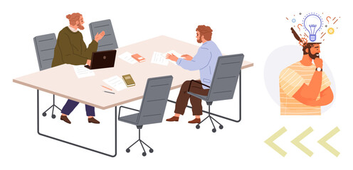 Colleagues discussing documents and ideas at a table man visualizing creativity with lightbulb concept. Ideal for teamwork, creative solutions, brainstorming, collaboration, productivity, innovation