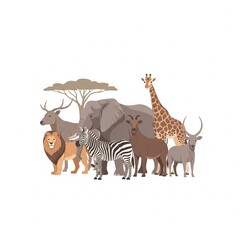 Wildlife Animals Collection with Elephant Giraffe Lion and Zebra Illustration