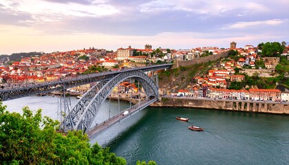 Fototapeta premium Panoramic view of a city on a river with a bridge