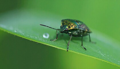 Close-up of iridescent green insect on leaf