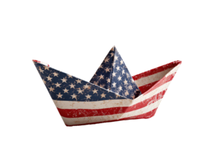 A meticulously folded paper boat, adorned with a weathered, faded American flag design.  The boat is sharply defined against a completely black background