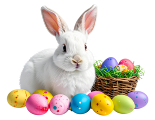 Easter bunny carrying basket with decorated eggs on transparent background  