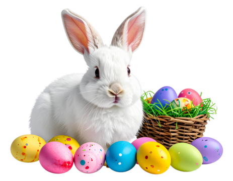 Easter bunny carrying basket with decorated eggs on transparent background  
