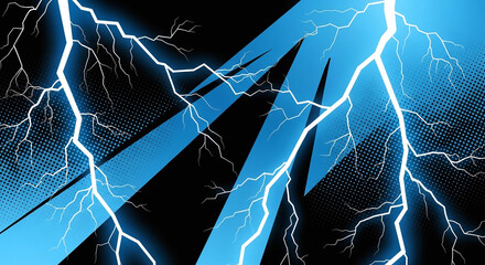 Powerful comic-style background in electric blue and black featuring jagged lightning bolts.