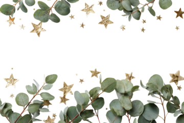 A dark frame of eucalyptus leaves and gold stars