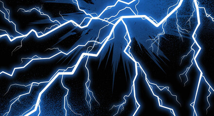 Powerful comic-style background in electric blue and black featuring jagged lightning bolts.