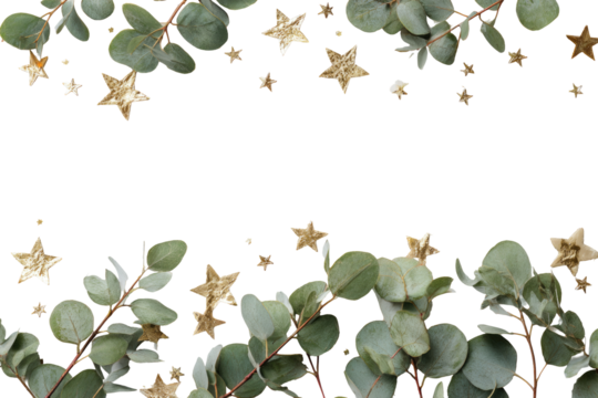 A dark frame of eucalyptus leaves and gold stars - Powered by Adobe