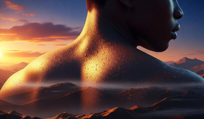 Shining. Detailed texture of human skin. Close up of young african-american male body surface like landscape with the sky