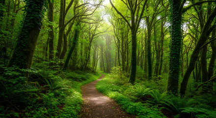 Pathway Through Lush Woodland Forest Scenery with Sunlight