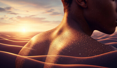Shining. Detailed texture of human skin. Close up of young african-american male body surface like landscape with the sky
