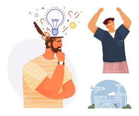 Man thinking with gears and light bulb symbolizing ideas, individual celebrating success, plane flying over an airport. Ideal for creativity, innovation, success, planning, travel, achievement